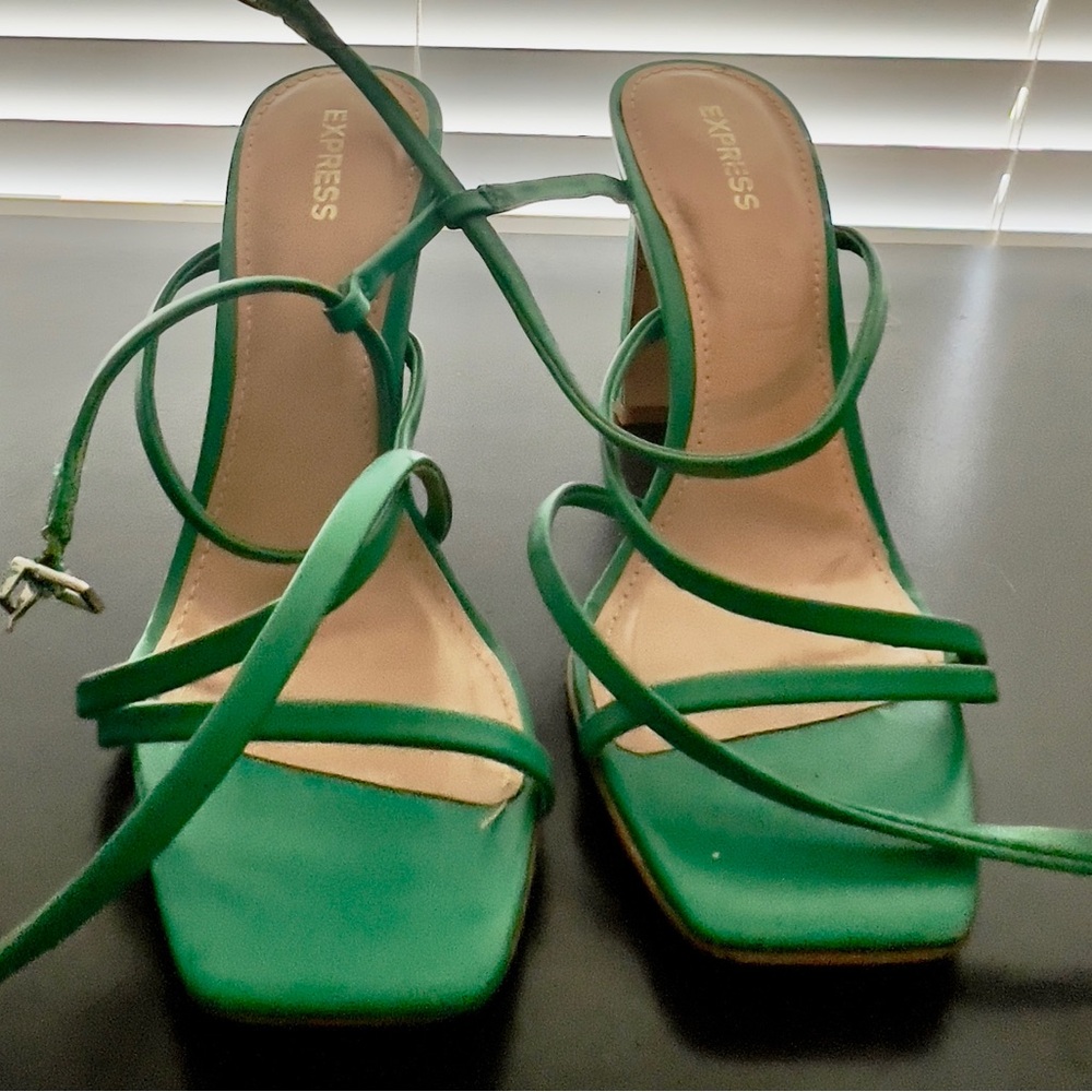 Express Green Strappy Square-Toe Lace-Up Heels